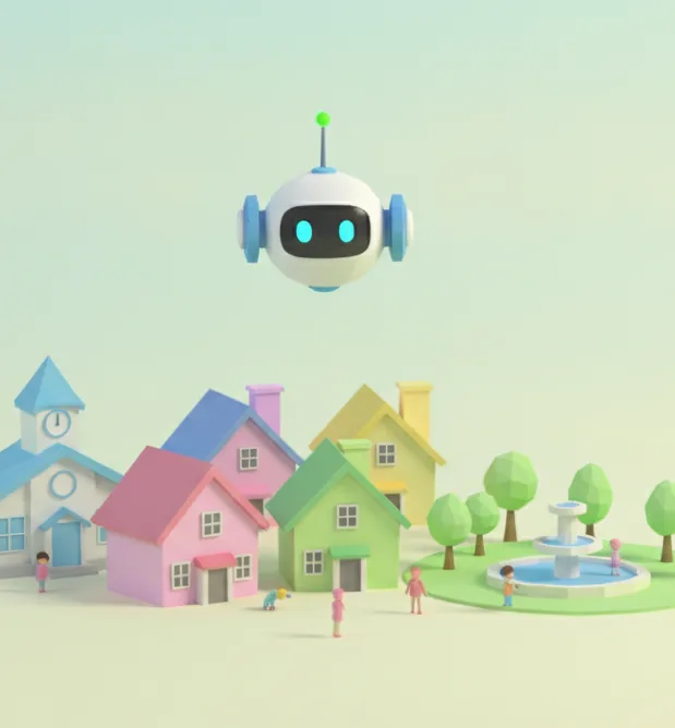 Beep flying over the low-poly town of Glucoville: colourful houses, a clock tower, trees and a fountain